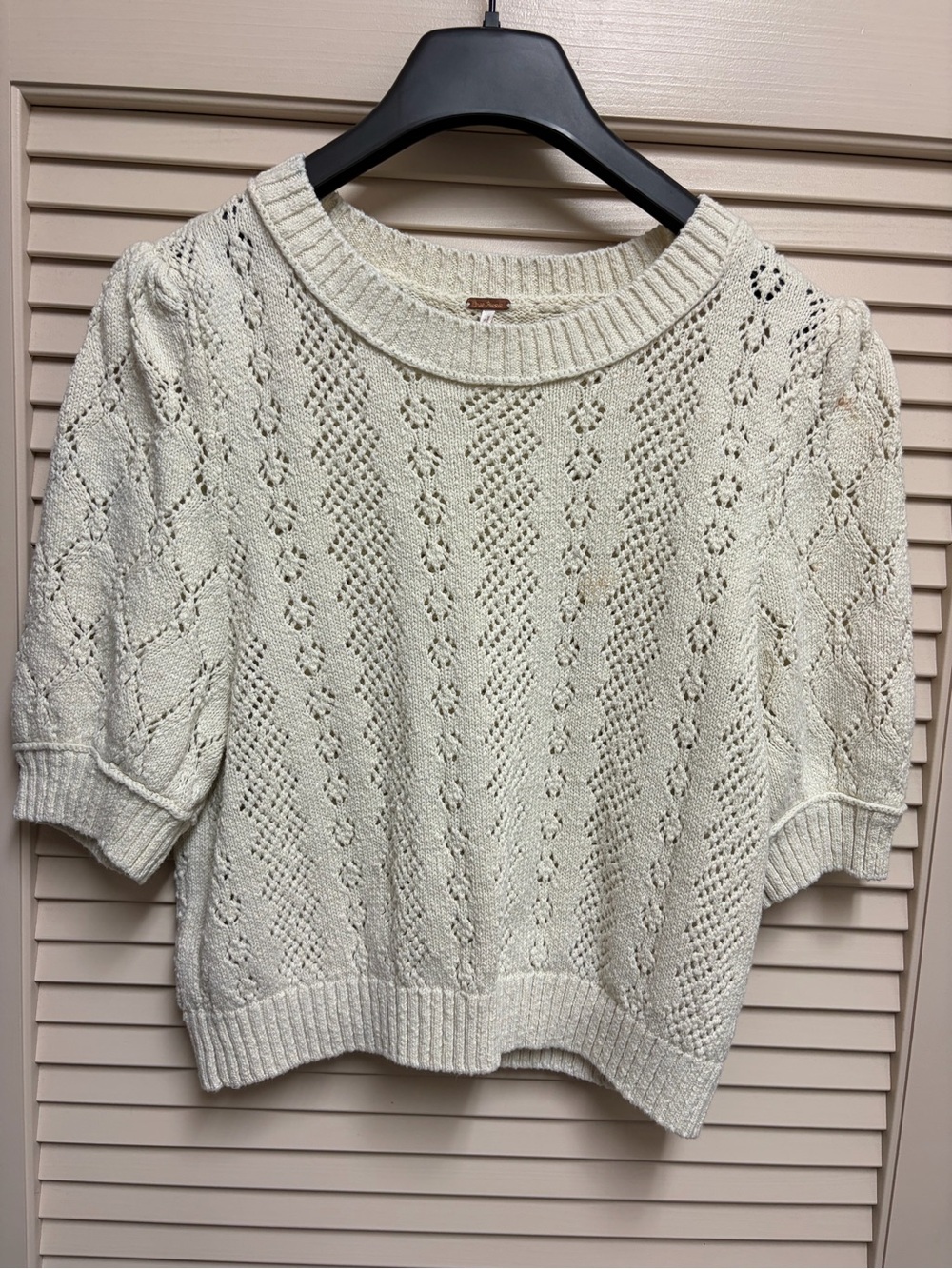Free People Womens L Ivory Open Knit Cable Puff Sleeve Sweater Boho Cottagecore